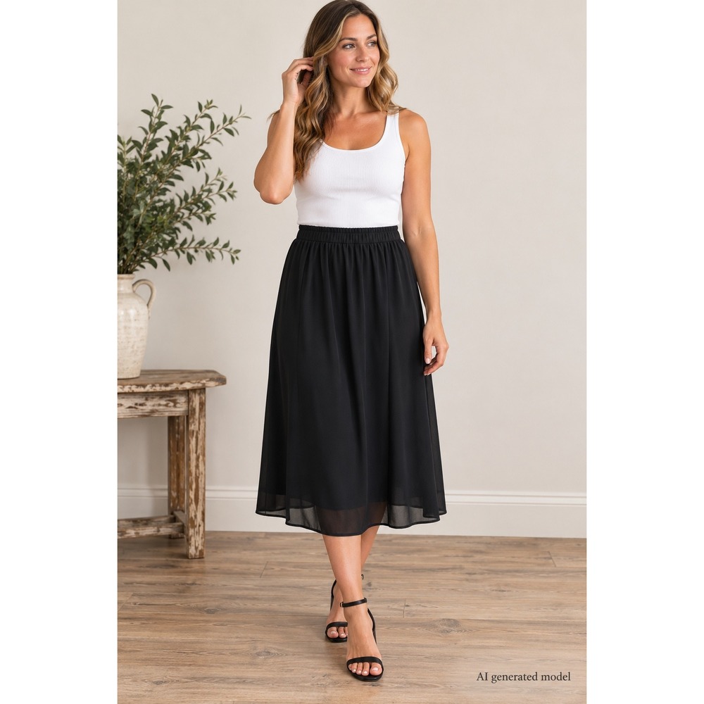 Vintage Teddi of California Black Midi Skirt Elastic Waist Size 10 Retro Flowy